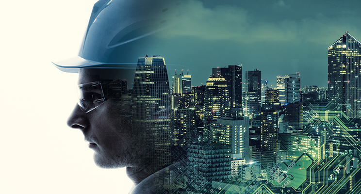 A creative composite image showing a night cityscape seamlessly transitioning into a printed circuit board, symbolizing the blend of urban development and technology.