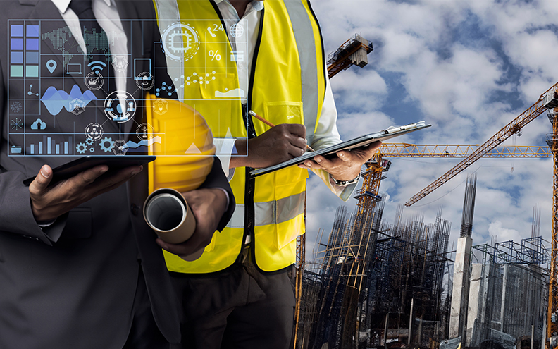 A construction worker holding a hard hat surrounded by various industrial and technology icons floating in the air.