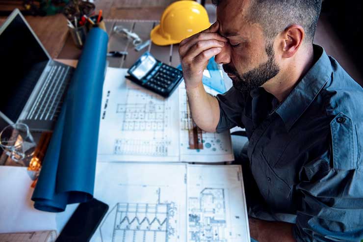 A stressed construction professional sitting at a desk with architectural blueprints, a calculator, and a yellow safety helmet, rubbing his forehead in frustration.