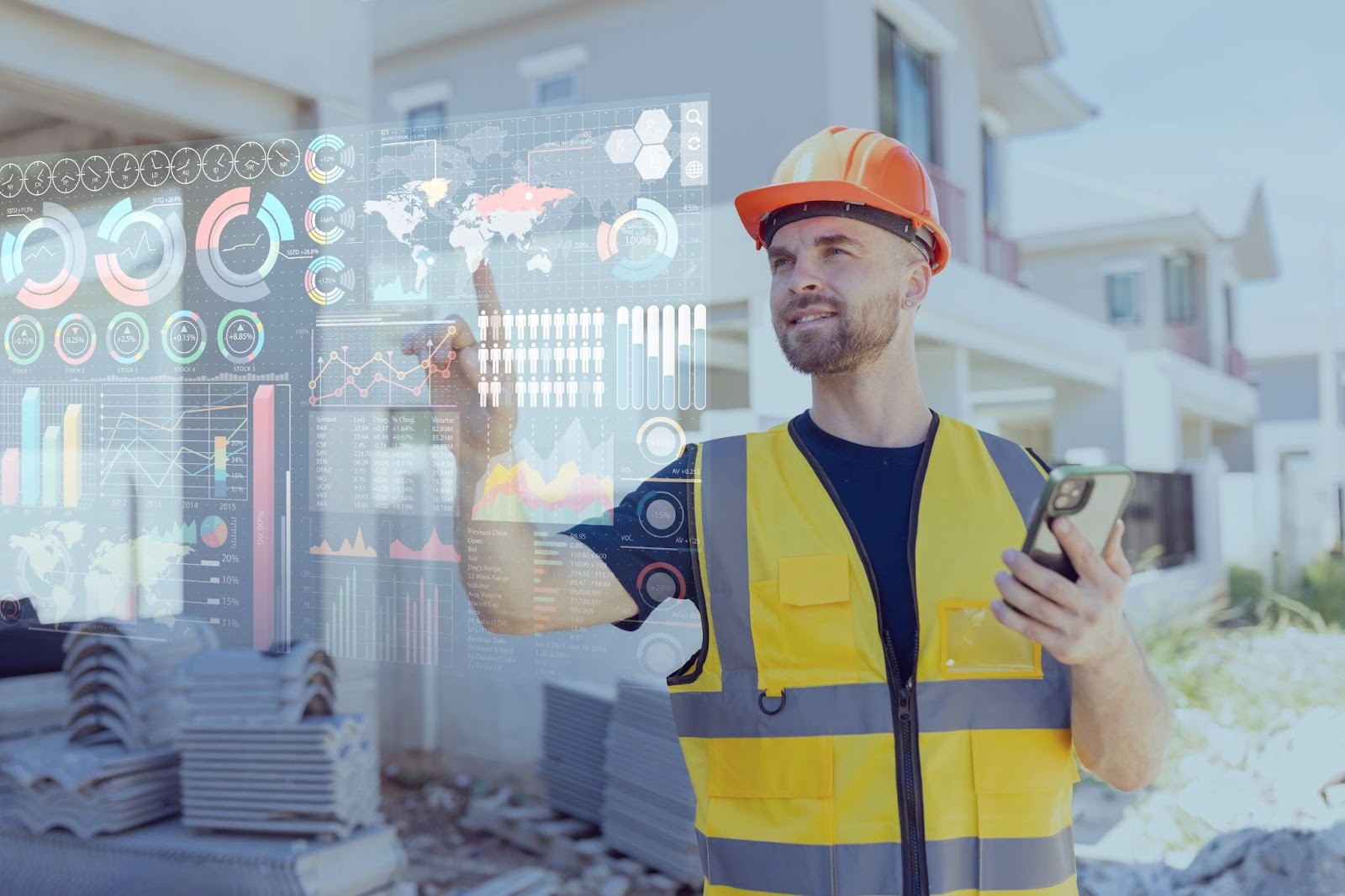 A construction worker wearing a yellow safety vest and an orange hard hat using a smartphone and interacting with a futuristic digital interface displaying data analytics, graphs, and world maps at a construction site.